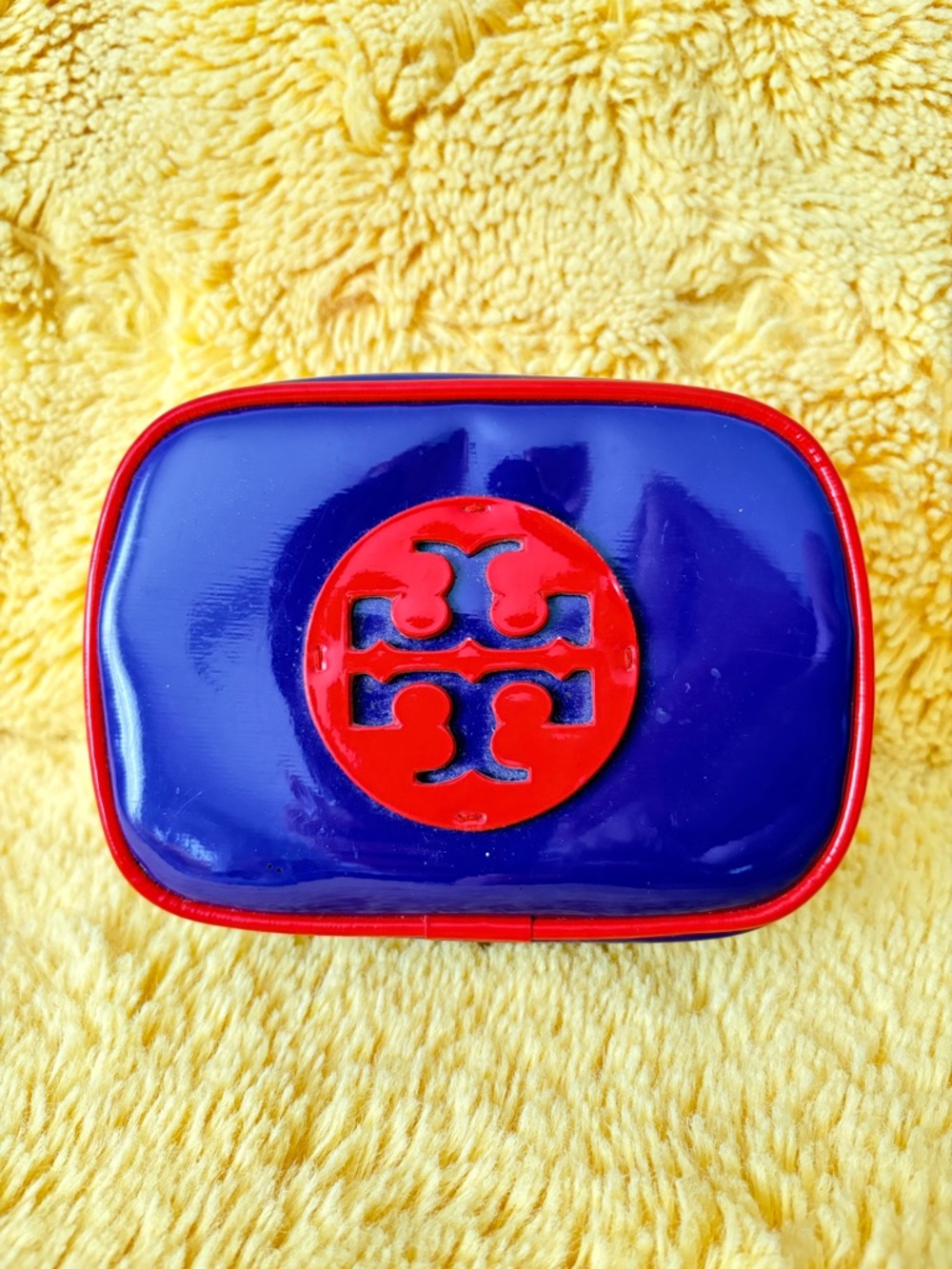 Tory Burch Navy Patent Cosmetic Case with Red Logo Trim
